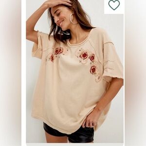 NWT FREE PEOPLE We The Free Harper Embroidered Parchment Multi Floral Tee/Top M